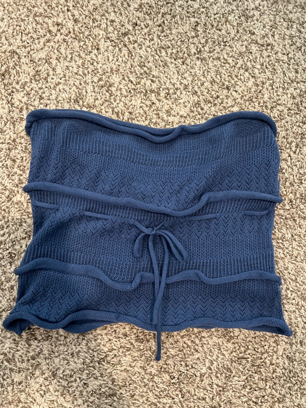Le Lis Navy Off-Shoulder Knit Tube Sweater with Front Tie